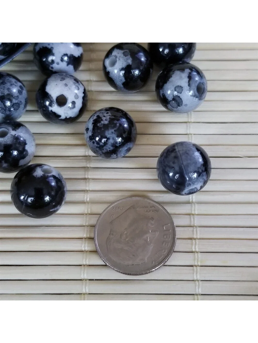 Black Grey Abstract Cow Animal Print 12mm Round Retro Acrylic Art Beads 10 pcs